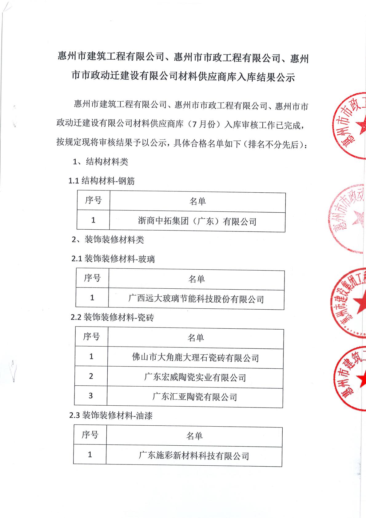 材料供應商庫入庫結果公示