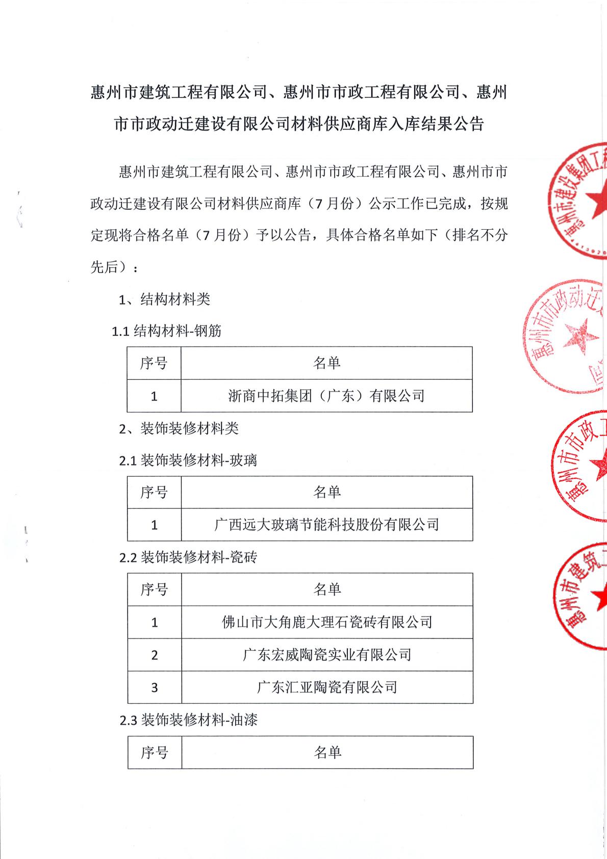 材料供應商庫入庫結果公示